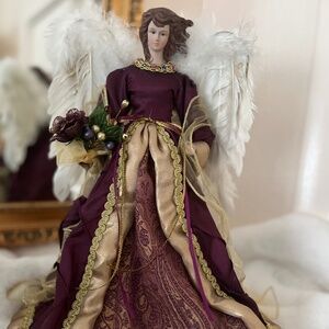 14"  Angel Tree Topper/Stand-Alone Figurine Burgundy/Gold Real Feather Wings